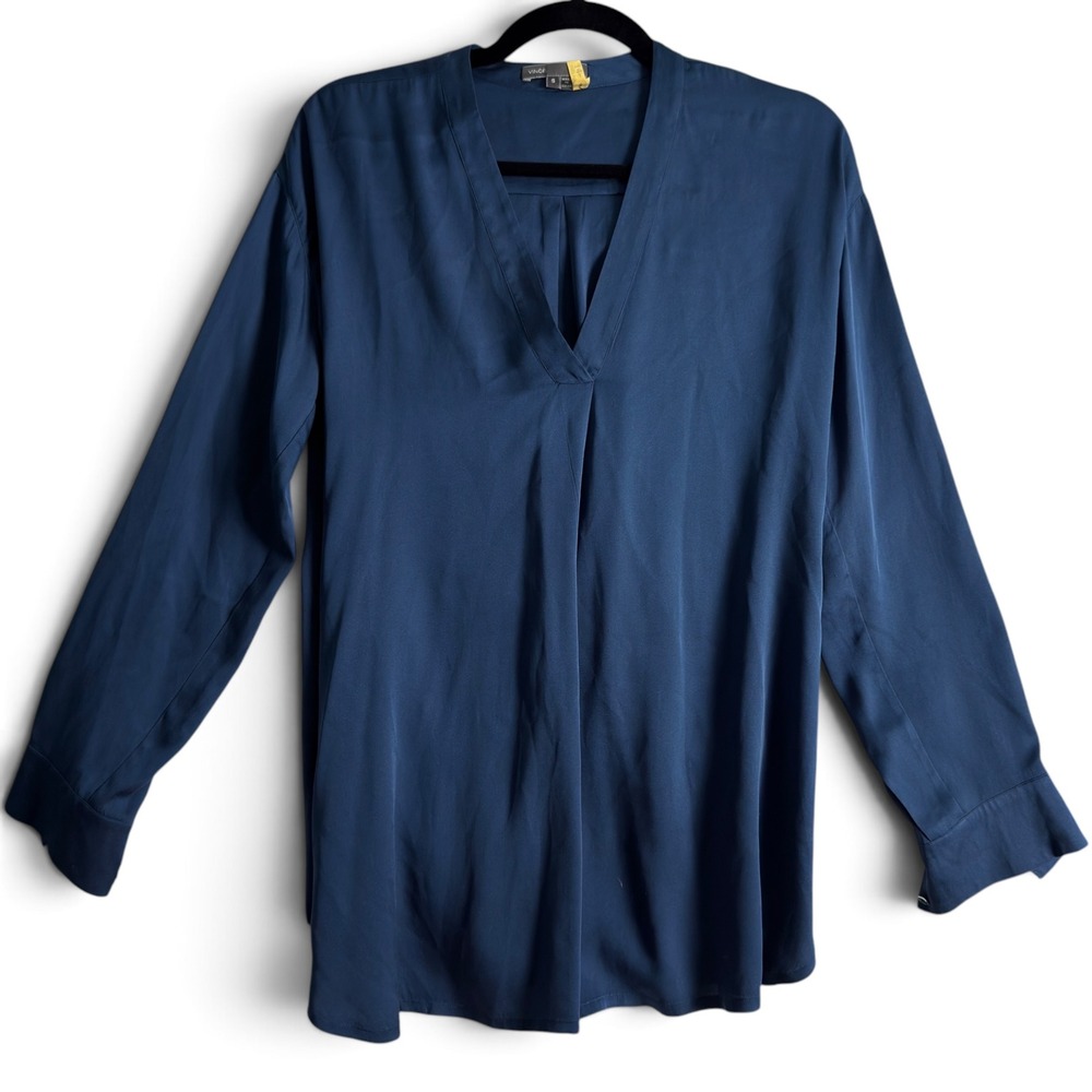 Vince Stretch Silk Popover Blouse S Navy Blue V Neck Long Sleeve 95% Silk Soft - Picture 2 of 8